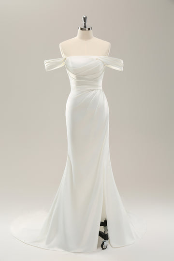 White Mermaid Off The Shoulder Pleated Satin Wedding Dress with Slit